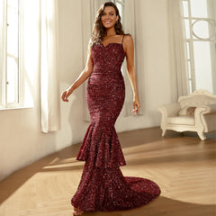 Sequined boat neckline open back evening dress