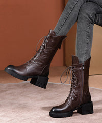 Plus Size Brown Boots Cross Strap Splicing Chunky