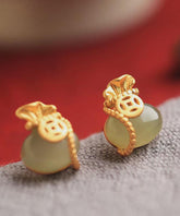 Retro Light Green Sterling Silver Overgild Jade Blessing Bag Stud Earrings TX035