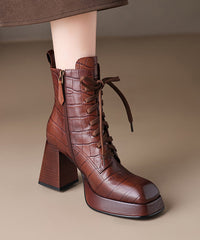 Sheepskin Brown Chunky Heel Boots Splicing Cross Strap