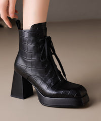 Sheepskin Brown Chunky Heel Boots Splicing Cross Strap