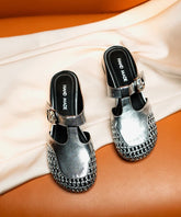 Cowhide Leather Splicing Slide Sandals Silver Out Hollow