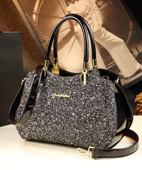 Black Zircon Large Capacity Faux Leather Tote Handbag