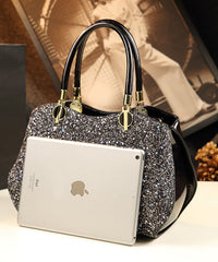 Black Zircon Large Capacity Faux Leather Tote Handbag