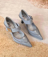 Cowhide Blue Stylish Leather Splicing Grey Pointed Toe High Heels