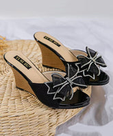 Stylish Peep Heels Sandals Toe Wedge Bow Splicing Black Slide