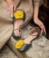 Green Splicing Vintage Sandals Buckle Strap Floral Flat