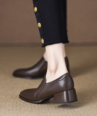 Brown Cowhide Leather Chunky Heel Penny Loafers