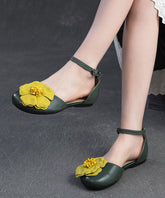 Floral Splicing Walking Sandals Green Cowhide Leather