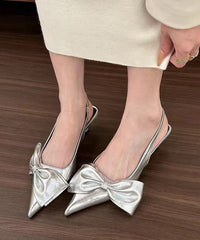 Silver Bow High Heel Sandals Pointed Toe Faux Leather