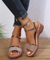 Silver Wedge Heels Sandals Peep Toe Buckle Strap