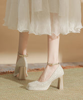 Leather Heels Champagne Splicing High Faux Chunky