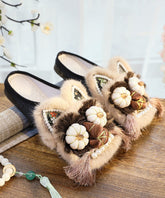 Splicing Slippers Shoes Coffee Embroidery Tassel
