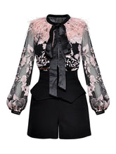 Feathers Embroidery Vintage Blouse + Shorts Set