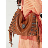 Brown Leather Boho Studded Bag Hobo Skull Fringe