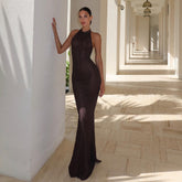 Ceremony Knitted Open Back Halter Maxi Dress