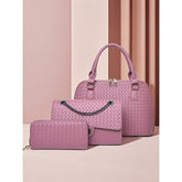 Handbag Set Brown Leather Woven 3-Piece Faux