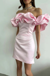 Zari Satin Ruffles Off Shoulder Mini Dress - Pink
