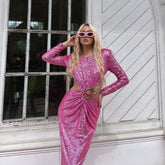 Climb To New Heights Long Sleeve Cutout Sequin Maxi Dress