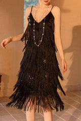 1920s Gatsby V Neck Sequined Layered Fringe Flapper Midi Dress - Black