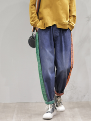 Casual Vintage Loose Fit Patch Denim Bottom Jeans Pants