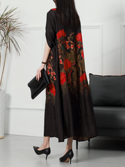 Summer Rayon Round Neck Flowers Print Loose Midi-Dress