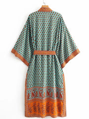 Nightwear Bohemian Print with Eye Catching Contrast Green Color Cotton Long Length Gown Kimono Duster Robe