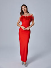Mina Strapless Feather Trimmed Bandage Dress In Red