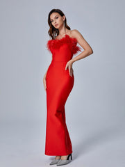 Mina Strapless Feather Trimmed Bandage Dress In Red
