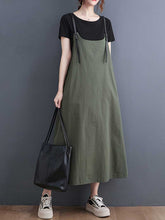 Plain Green Black Hemp Material Salopette Dress