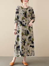 cotton long-sleeved pring summer with broken flowers A-line dress