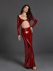 Ailana Long Sleeve Sequin Cutout Maxi Dress