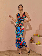 Alaska V Neck Floral Printed Midi Dress In Black