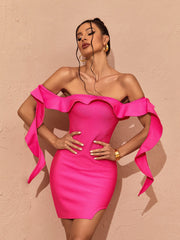 Alivia Off Shoulder Ruffle Bandage Dress In Hot Pink