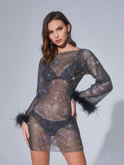 Aliyah Mesh Diamond Feather Mini Dress In Black