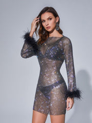 Aliyah Mesh Diamond Feather Mini Dress In Black