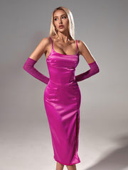 Annie Satin Midi Dress In Hot Pink