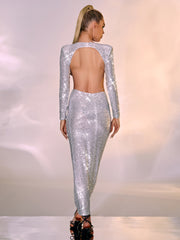 Aviva Long Sleeve Cutout Sequin Maxi Dress In Silver