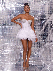 Axton Strapless Rhinestone Feather Mini Dress