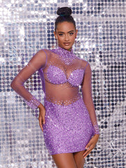 Azami Mesh Crystal Mini Dress In Purple