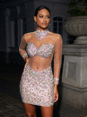 Azami Mesh Crystal Mini Dress In Silver