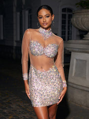 Azami Mesh Crystal Mini Dress In Silver