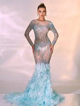 Briar Long Sleeve Rhinestone Feather Maxi Dress