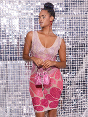 Cairo Crystal Embellished Mini Dress In Light Nude & Hot Pink