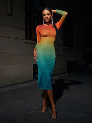 Celestial Ombre Long Sleeve Mesh Midi Dress