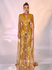 Chana Sequin Crystal Mesh Maxi Dress