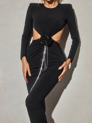 Chandani Long Sleeve Flower Fringe Midi Dress