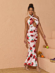 Charlotte Halterneck Rose Printed Maxi Dress