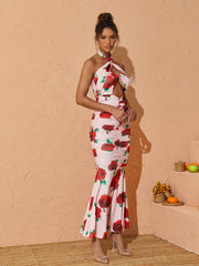 Charlotte Halterneck Rose Printed Maxi Dress