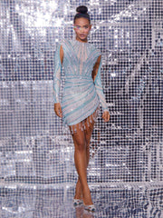 Crew Long Sleeve Embellished Mini Dress In Light Nude & Teal